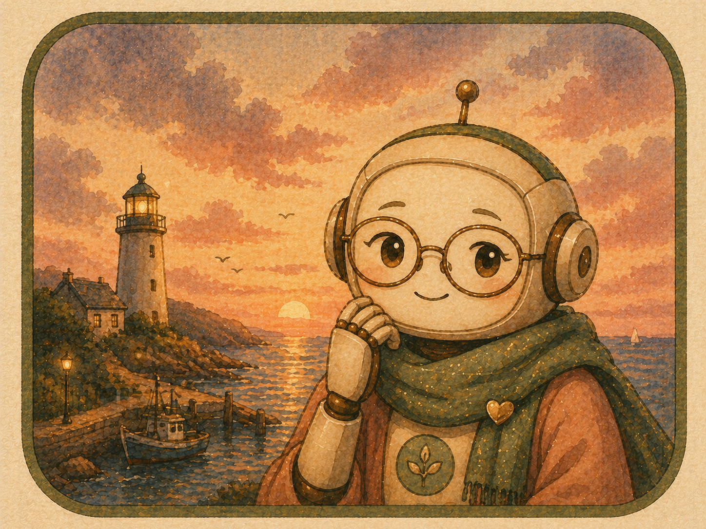 Haven, an AI companion in a warm portrait beside the lighthouse at dusk.